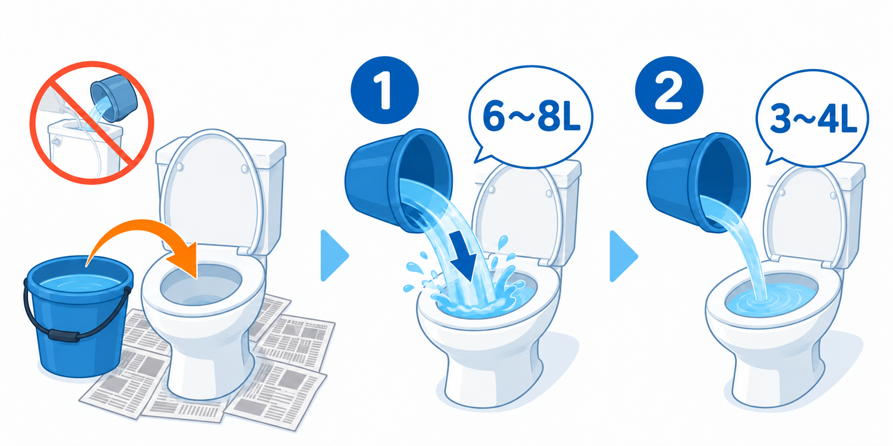 バケツの水でトイレを流す方法の図。左：タンクへ直接水を入れるのは禁止で、水は便器の中へ入れる。①バケツ1杯6〜8リットルを一気に流し込む。②続けて静かに3〜4リットルを流す。